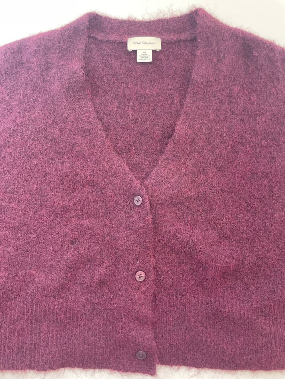 Calvin Klein Burgundy Cropped Button-Up Cardigan Sweater Fuzzy Wmn's Sz L NWOT - Picture 3 of 7